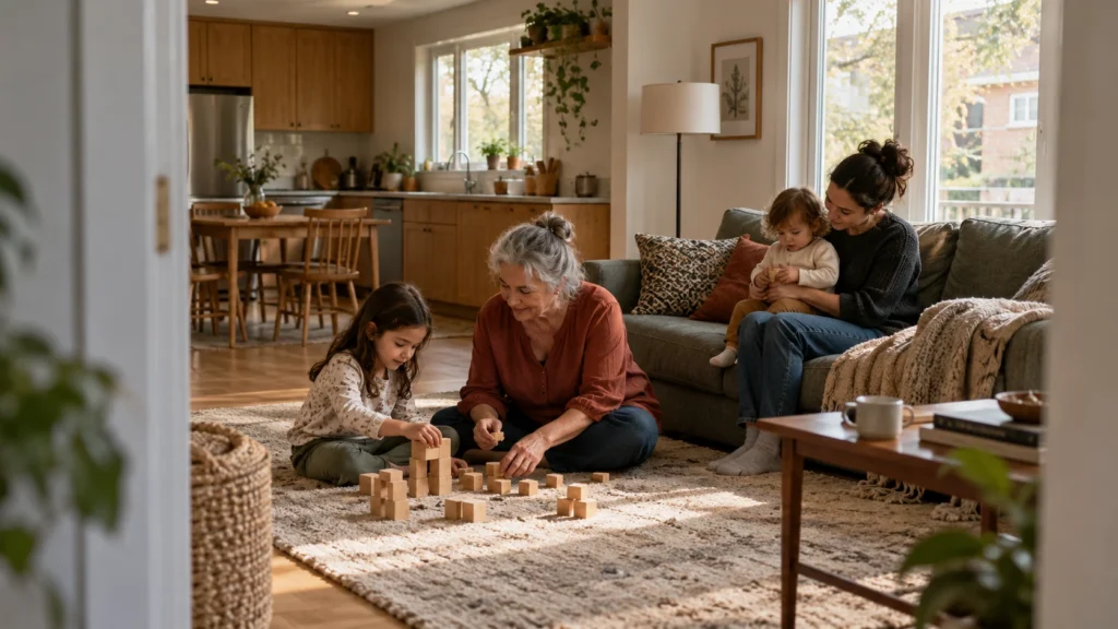 Grandmother and child build with wooden blocks on a living room rug while a parent and toddler sit nearby in a refreshed apartment.
