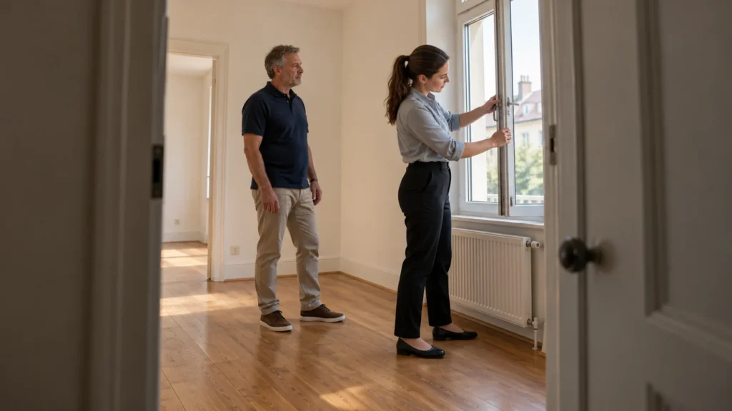 Man observing a property professional check a window latch in an unfurnished apartment with oak flooring.