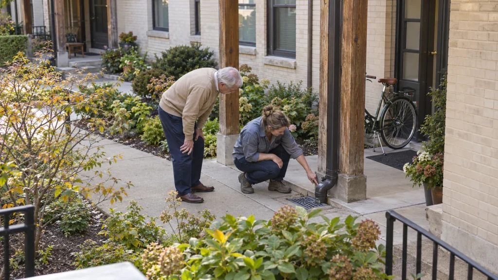 Older man watches a building inspector examine a downspout drain beside the entrance of a brick apartment building.
