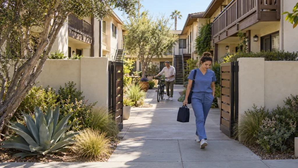 Two residents leave a cream-stucco apartment courtyard, one carrying a lunch tote and the other walking a bicycle.