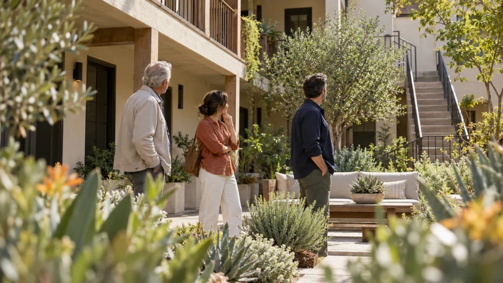 Three family members viewing apartment entrances, landscaping, and an exterior stairway in a stucco courtyard.
