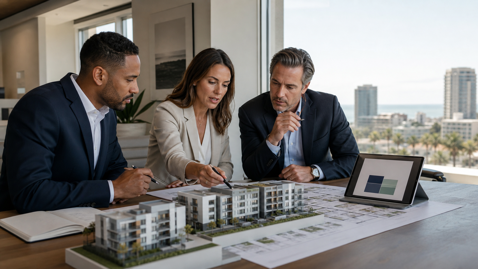 Real estate professionals reviewing loan-to-value for a multifamily property
