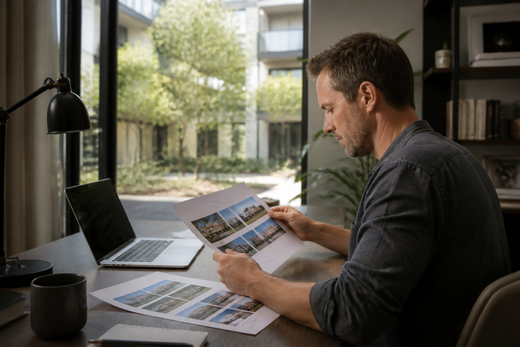 Investor reviewing multifamily property information from a home office