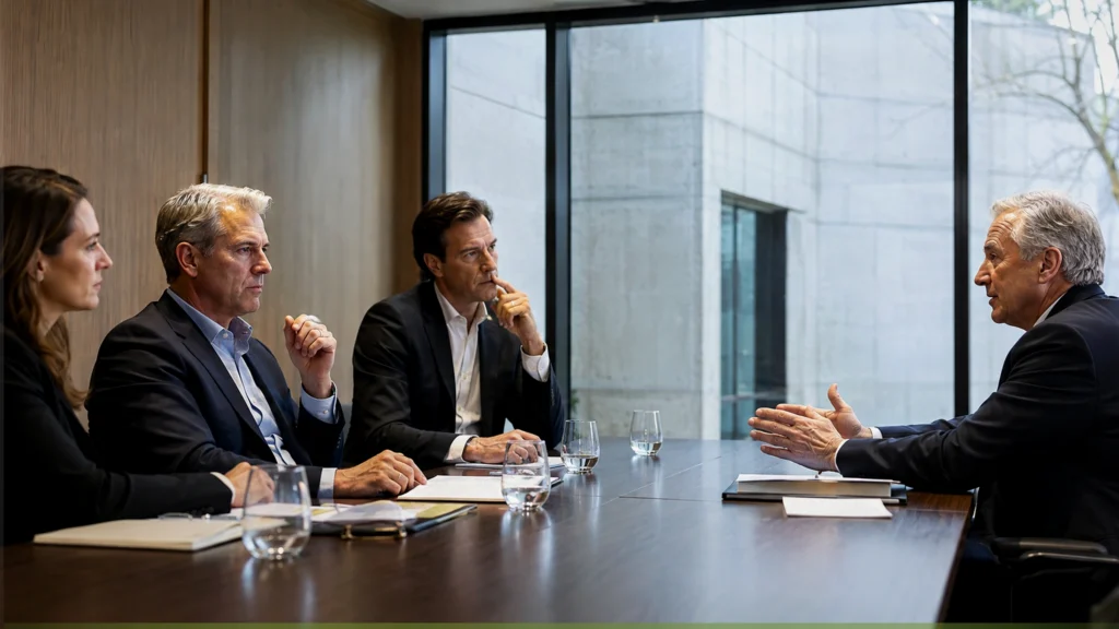 Sponsor and investors discussing a multifamily syndication at a conference table